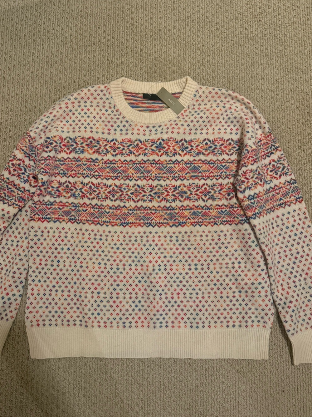 J. Crew Cream Fair Isle Crewneck Sweater with Multicolor Holiday Pattern - Picture 3 of 5